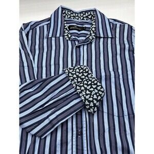 Bugatchi Uomo Dress Shirt Men Large Blue‎ Striped Business Flip Cuff Floral